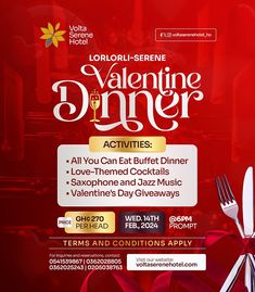 an advertisement for valentine's day dinner with forks and spoons on the table