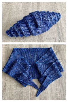 two pictures of blue knitted clothing on a wooden floor, one is folded up and the other has been made from yarn