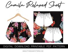 the relaxed shorts sewing pattern is shown in two different sizes and has floral print on it