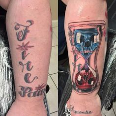 two people with tattoos on their legs, one has an hourglass and the other has a skull