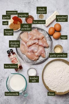 ingredients to make chicken broth laid out on a table with eggs, flour, butter and seasonings