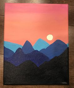 an acrylic painting of mountains with the sun setting in the sky behind them