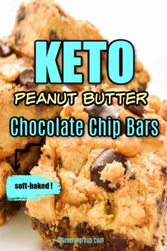 the words keto peanut butter chocolate chip bars are in front of two pieces of cake