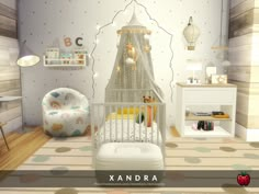 a baby's room with a white crib and lots of toys on the floor