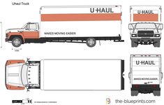 the u - haul truck is shown in three different colors and sizes, including orange, white