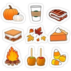 stickers with different types of food and autumn leaves on them, including pumpkins, apples