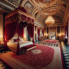 an ornate bedroom with red and gold curtains, chandelier, and canopy bed