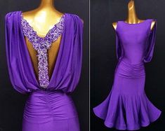 the back of a purple dress with beading and sequins is shown in three different views