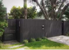 a black fence in front of a tree and some green grass on the side walk