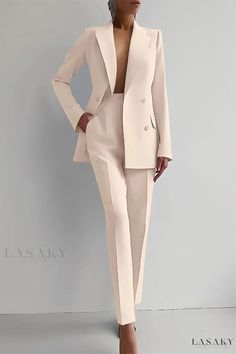 Lasaky - Professional Attire: Sophisticated Two-Piece Set with Solid Patchwork, Pocket Detailing, and Turn-back Collar Women Business Attire, Business Wear Women, Business Attire Women, Slim Blazer, Pink Charm, Business Suits, Women Blazer, Spring Fashion Casual, Suit Fabric