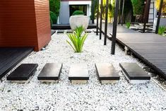 an outdoor area with gravel, rocks and plants