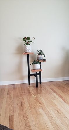 two plant stands on top of each other in a room with hard wood flooring