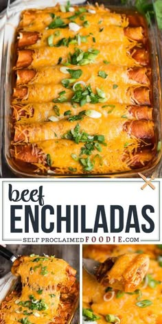 a casserole dish filled with beef enchiladas and topped with cheese