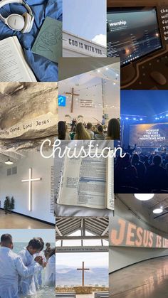 a collage of images with the words creation and jesus is living on it in white letters