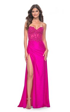 La Femme 32329 Hot-Fuchsia Rhinestone Jersey, Pink Designer Dresses, Pink Long Prom Dress, Prom Dresses Long Pink, Prom Dress Stores, Strapless Sweetheart Neckline, Strapless Corset, Corset Bodice, Sweetheart Dress