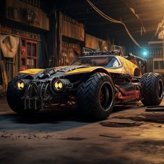 an image of a batmobile in the middle of a garage with two large tires