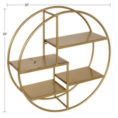 a gold metal shelf with shelves in the middle and measurements for each shelf on it