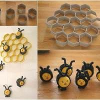 there are several pictures of bees and honeycombs made out of cookie tins