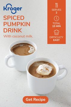 two cups of hot chocolate drink with whipped cream on top and the words spiced pumpkin drink