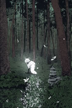 a white cat sitting in the middle of a forest filled with trees and birds flying around