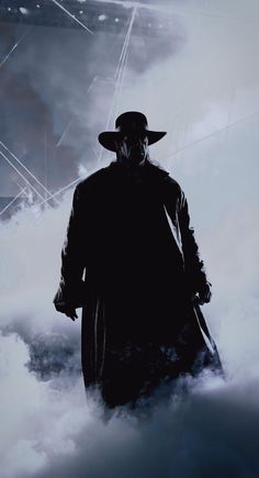 a man in a long coat and hat walking through the clouds with a large mask on his face