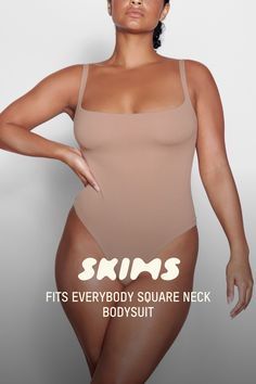 A square neckline and low scoop back make this bodysuit a flattering base layer or everyday wardrobe item. Features a high cut leg opening and thong back that remains invisible under clothing. | SKIMS Square Neck Bodysuit | Medium Neutral | Fits Everybody Neutral Fits, Square Neck Bodysuit, Square Necklines, Style Chic, Everyday Wardrobe, High Cut, Base Layer, Square Neckline, Shapewear