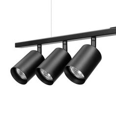 three black track lights hanging from the ceiling