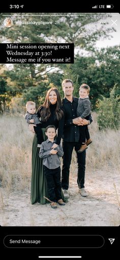 the family is posing for a photo in front of some trees and grass with an instagram