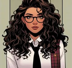 a woman wearing glasses and a tie with long curly hair