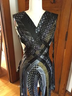 a dress made out of black and white material