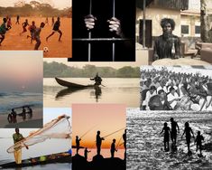 a collage of black and white photos with people on the beach, in front of a body of water