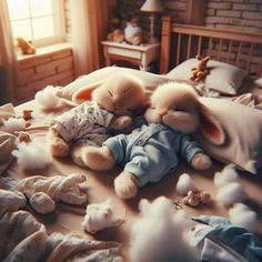 two stuffed animals laying on top of a bed next to pillows and blankets in a room