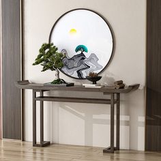 a mirror on the wall above a table with a bonsai tree in front of it