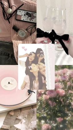 a collage with pink flowers, wine glasses and pictures