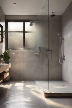 Modern bathroom with large glass shower, sleek fixtures, and natural light streaming through a window. Garden Basement