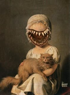 a painting of a woman holding a cat with an evil face on it's head