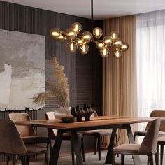 a dining room table with chairs and a chandelier