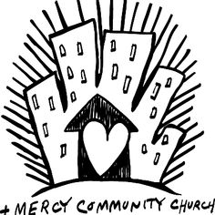 a black and white drawing of a church with the words merry community church on it