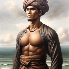 a painting of a man wearing a turban standing in front of the ocean