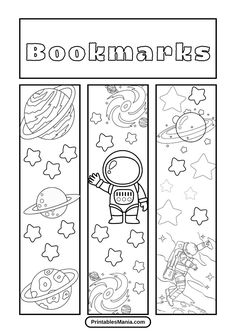 the bookmarks with an astronaut and planets on them are outlined in black and white