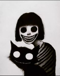 a black and white drawing of a woman with a cat on her shoulder, wearing a skeleton mask