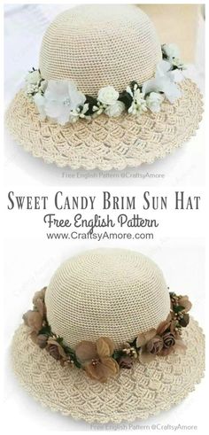 two hats with flowers on them and the words sweet candy brim sun hat