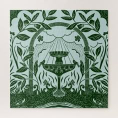 a green and white artwork piece with an image of a fountain in the middle of it