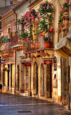 an image of a city street with flowers on the balconies and potted plants