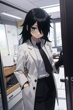 an anime woman in a suit and tie standing by a glass door with her hands on her hips