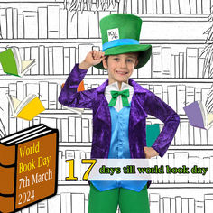 a young boy wearing a purple suit and green top hat standing in front of bookshelves