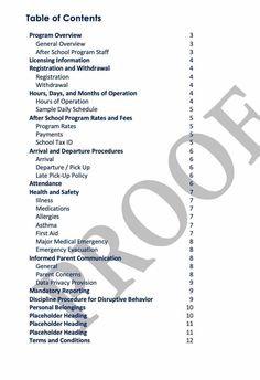 After-School Handbook This After-school Parent Handbook describes the procedures that will be used by your school to provide for the care and well-being of the children under our care and our staff while participating in the After School Program. This handbook is completely editable so that you can shape the policies and procedures provided to your unique program's needs. Table of Contents Program Overview General Overview After-School Program Staff Licensing Information Registration and Withdrawal Registration Withdrawal Hours, Days, and Months of Operation Hours of Operation Sample Daily Schedule After-School Program Rates and Fees Program Rates Payments School Tax ID Arrival and Departure Procedures Arrival Departure / Pick Up Late Pick-Up Policy Attendance Health and Safety Illness Med Parent Handbook, Emergency Evacuation, Allergy Asthma, Parent Communication, After School Program, School Programs, Daily Schedule, Table Of Contents, Emergency Medical