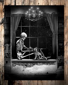 a skeleton sitting on a window sill with a cat and dog in front of it