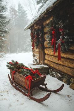 a sleigh with christmas wreaths and decorations on it in front of a log cabin