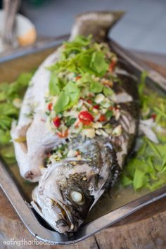 a fish is on a tray with lettuce and other food items in it